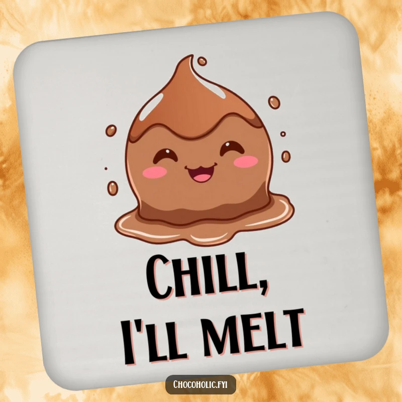 Funny drink coaster with a goofy-grinning, melting chocolate puddle character, protecting furniture with humor.