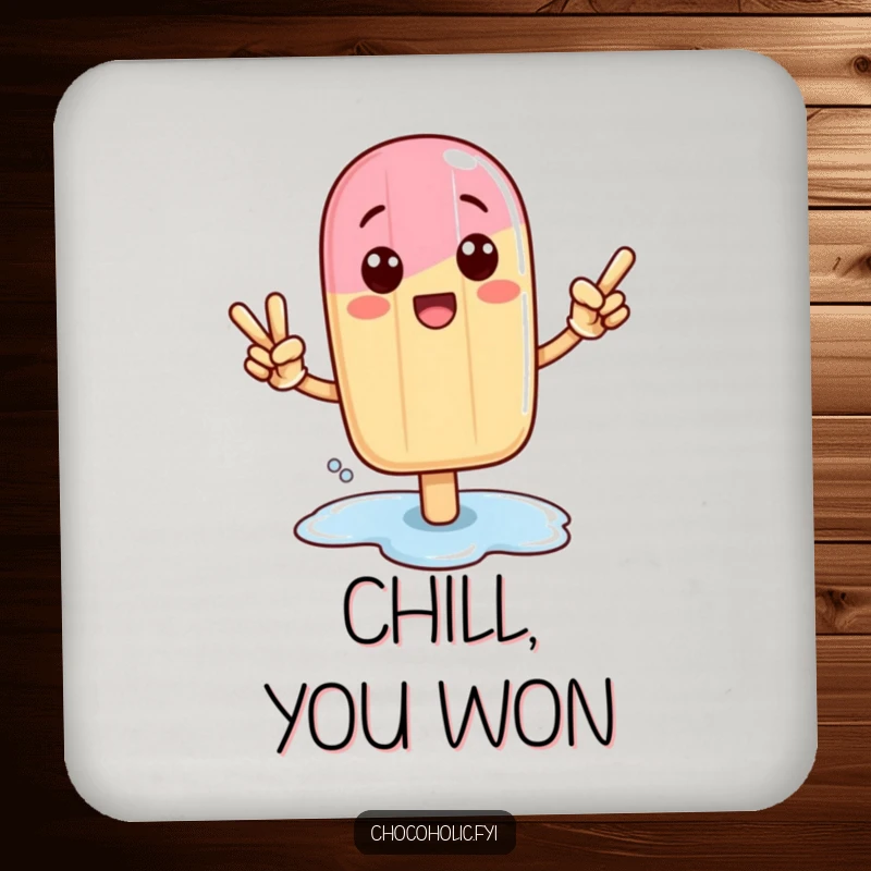 Funny Kawaii popsicle character in a victory pose with a melting puddle on drink coasters.