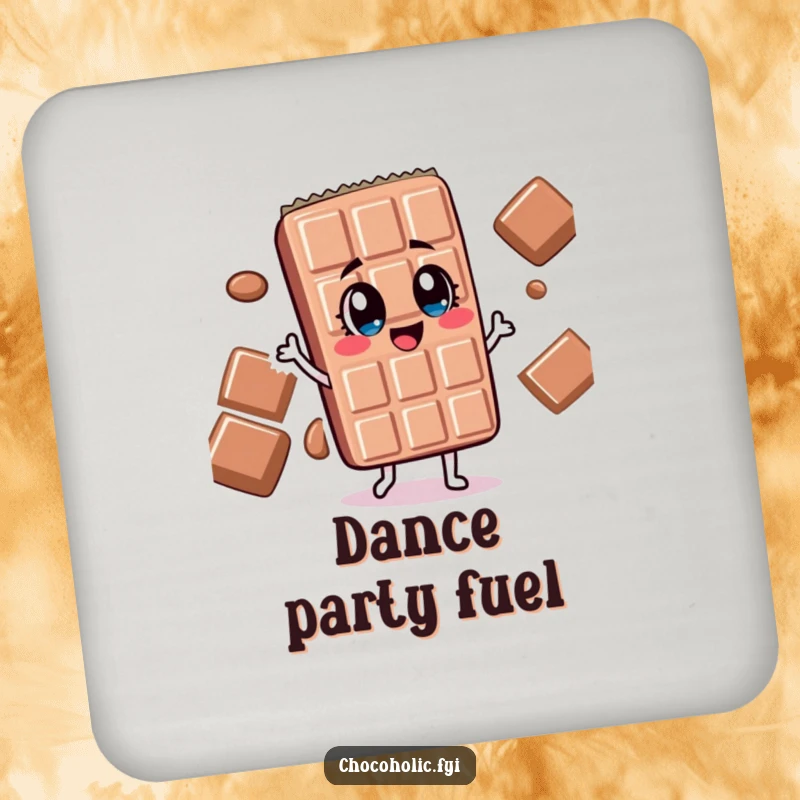 Funny chocolate bar character with wide, delighted eyes doing a silly dance on a protective drink coaster.