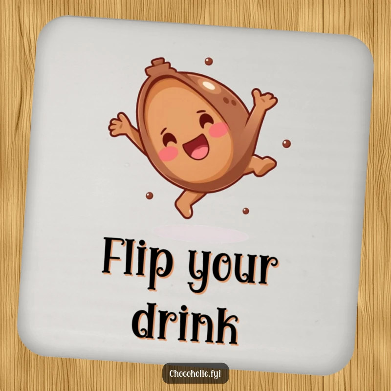 Funny Drink Coaster showcasing a happy chocolate truffle performing a somersault, adding a touch of whimsy to any table. Protects surfaces with style.