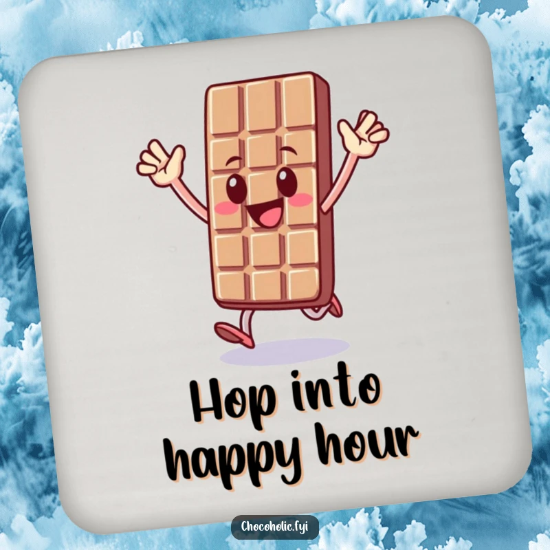 Funny drink coaster featuring a chocolate bar character in a cheerful hop, its arms stretched wide in a pose of sweet celebration.
