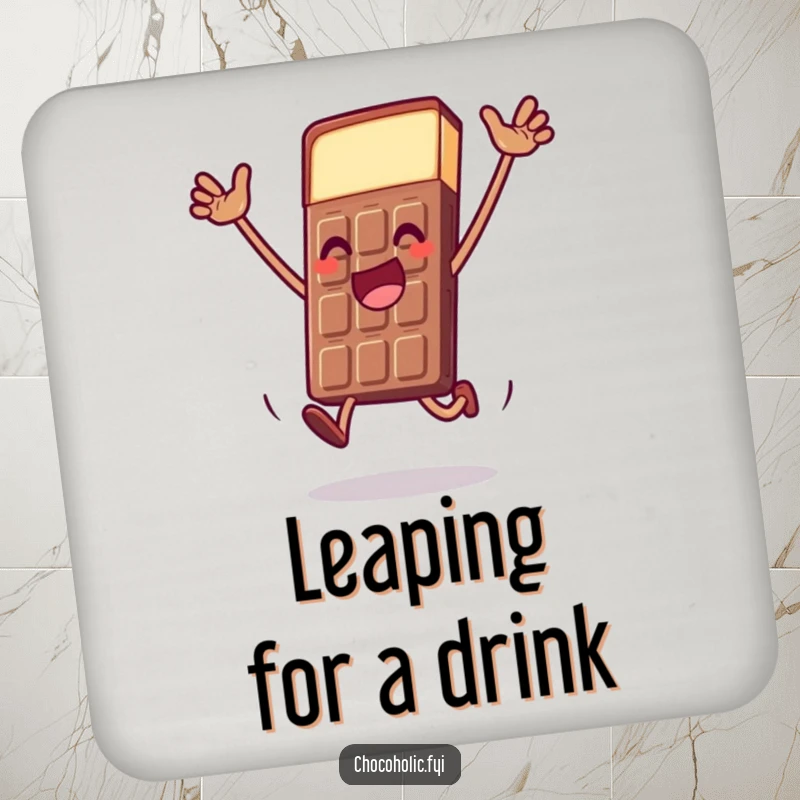 Funny chocolate bar drink coaster featuring a character doing a dramatic, joyful leap, adding flair to your table.