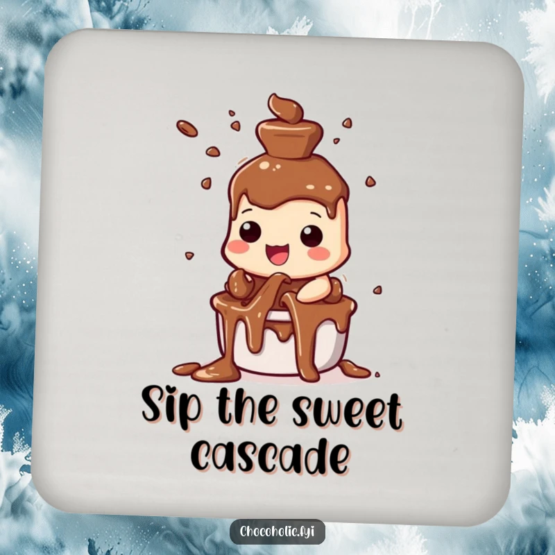 Funny chocolate fountain drink coaster featuring a character joyfully spraying chocolate streams, adding humor to your table.