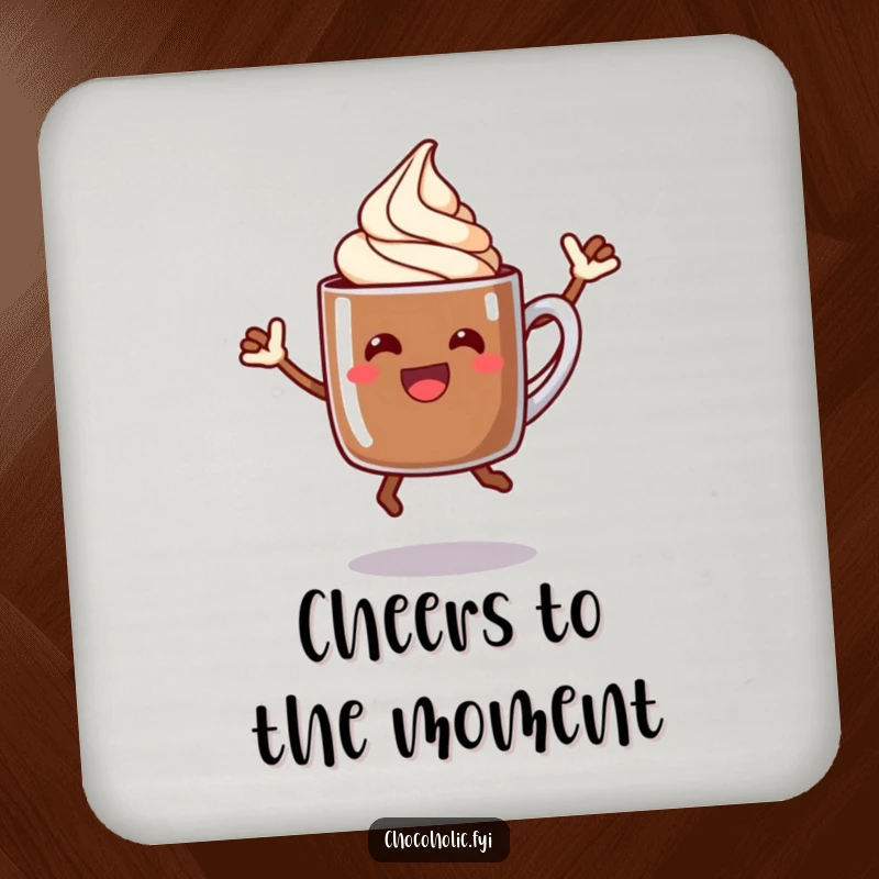 Funny chocolate mug drink coaster with a jumping character, protecting surfaces with cheerful flair.