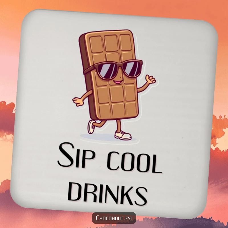 Funny coaster with a cool chocolate bar character in sunglasses doing a confident strut, adding stylish charm.