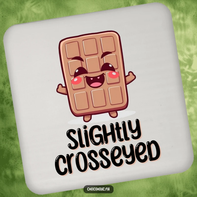 Funny drink coaster featuring a chocolate bar character with comically crossed eyes and a giggle, adding humorous charm to surfaces.
