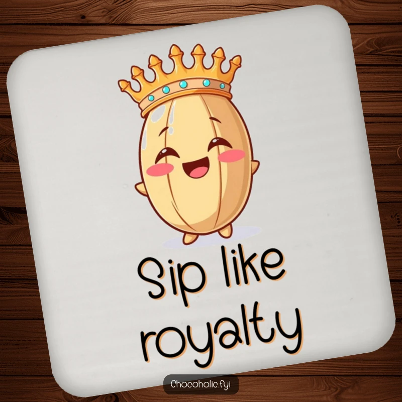 Funny drink coaster with a happy crowned cocoa bean, protecting surfaces with a touch of royal humor.
