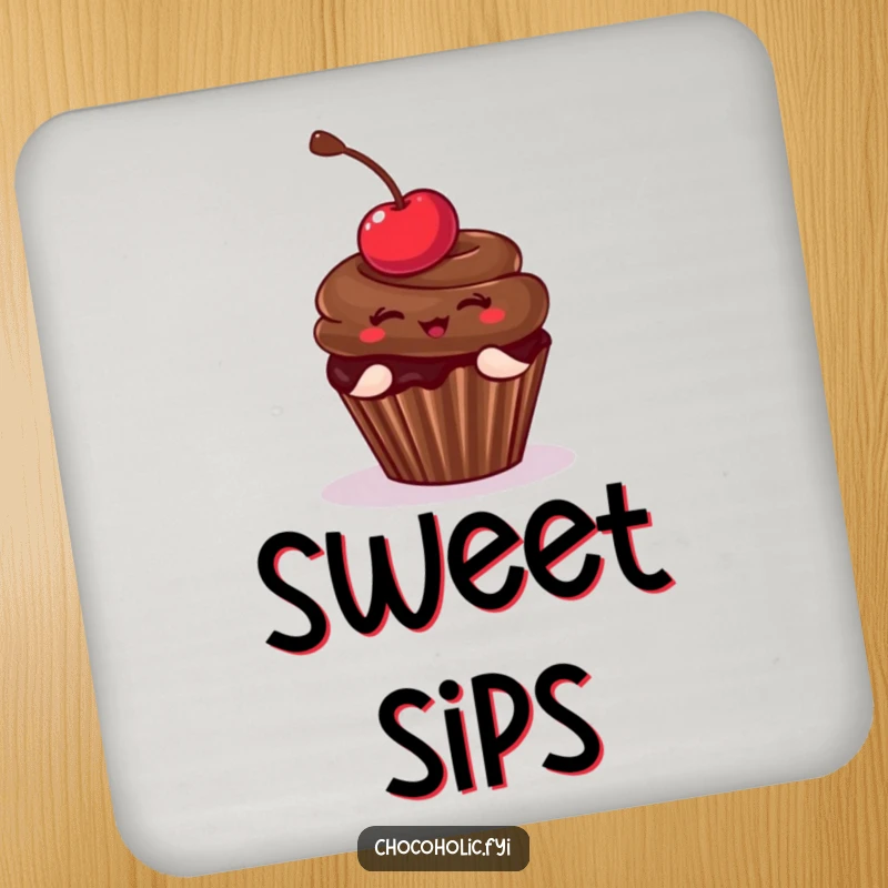 Funny Drink Coaster showcasing a chocolate cupcake with a cherry in a playful pose, adding a touch of whimsy to any table. Protects surfaces with style.