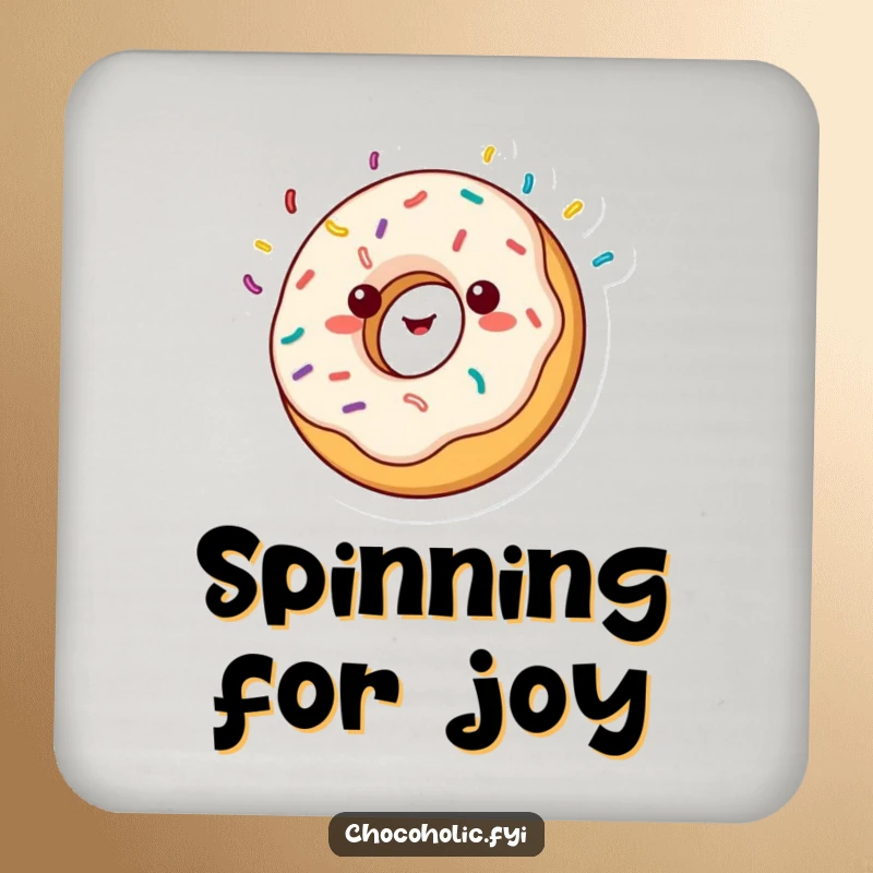 Funny kawaii donut character, spinning with sprinkles flying, on a drink coaster, protecting surfaces with sweetness and humor.