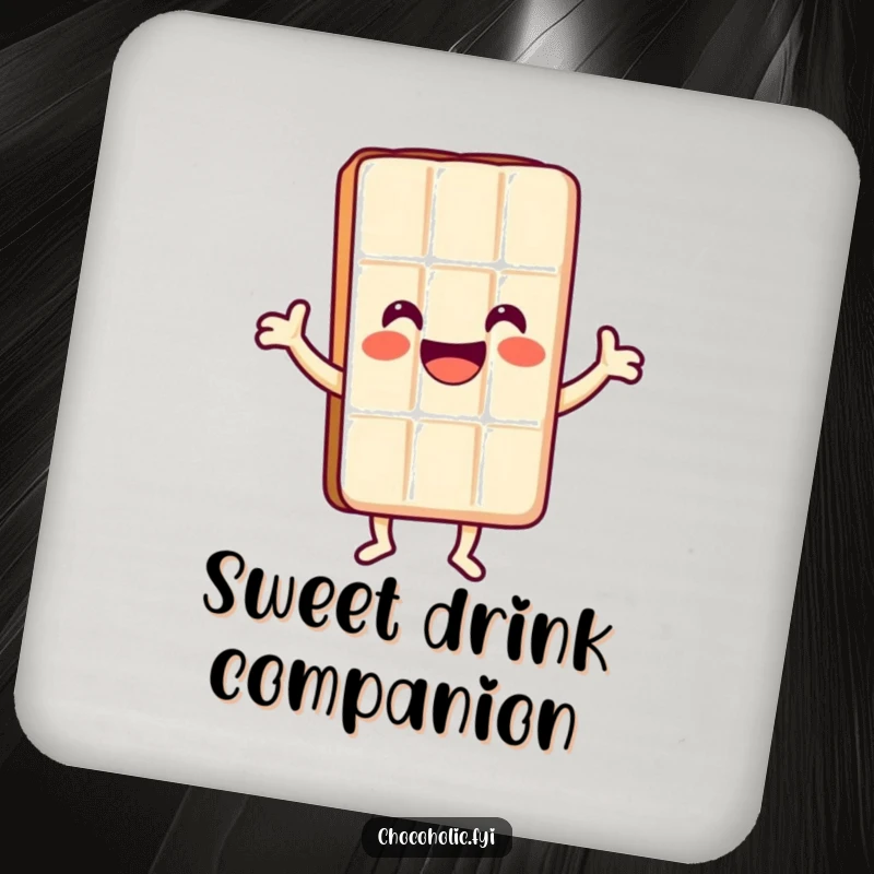 Funny Kawaii chocolate bar character with a huge smile doing a happy dance on a drink coaster, adding sweet cheer.