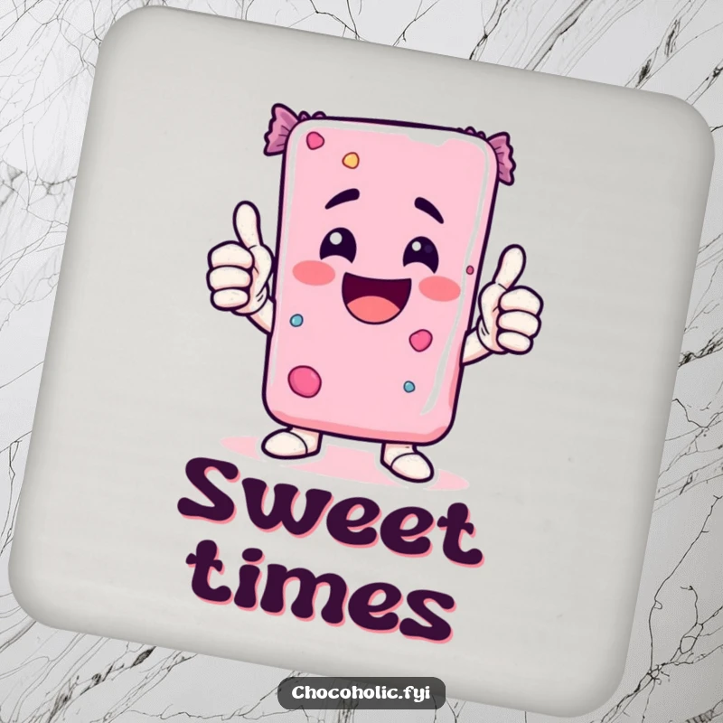Funny Kawaii candy bar character giving a double thumbs-up on a drink coaster, adding cheerful humor.