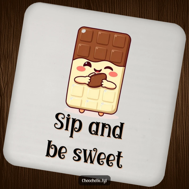 Funny kawaii chocolate bar drink coaster featuring a winking character, protecting surfaces with sweet charm.
