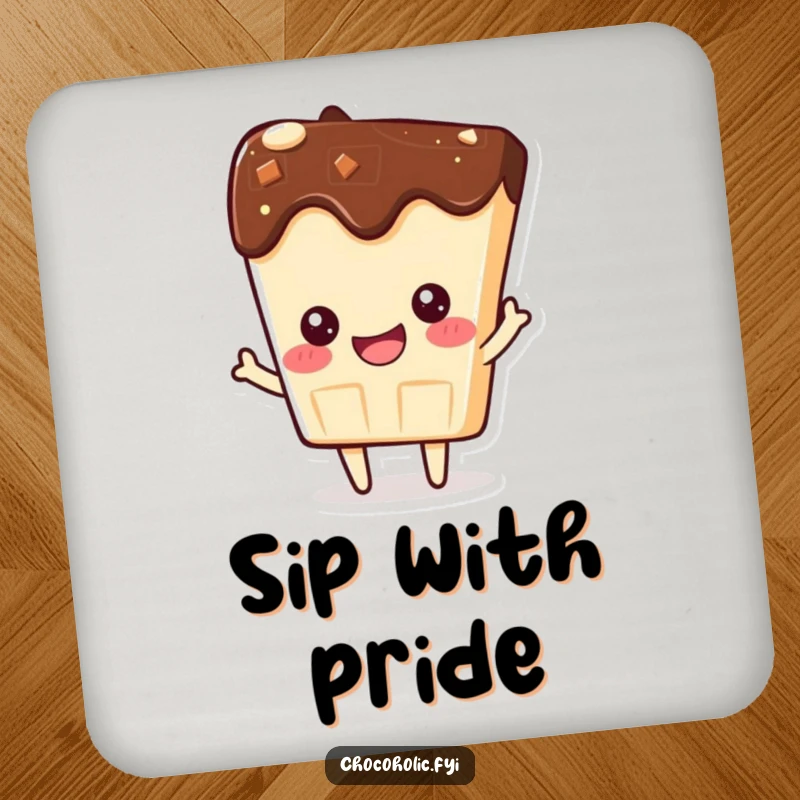 Funny coaster with a kawaii chocolate bar character beaming with pride, celebrating success on tabletops.