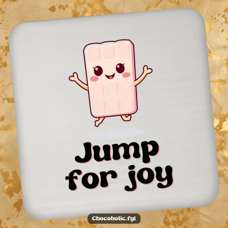 Funny kawaii chocolate bar character doing a happy jump on a drink coaster, protecting furniture with a smile.