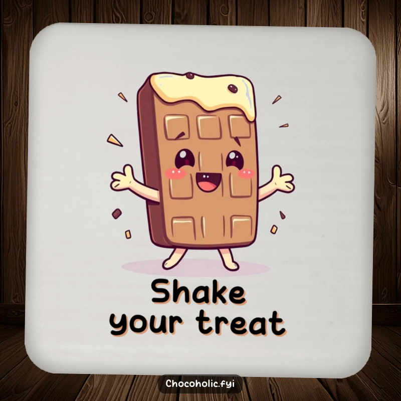 Funny coaster with a kawaii chocolate bar character doing a silly, exaggerated shimmy, adding humor to tabletops.