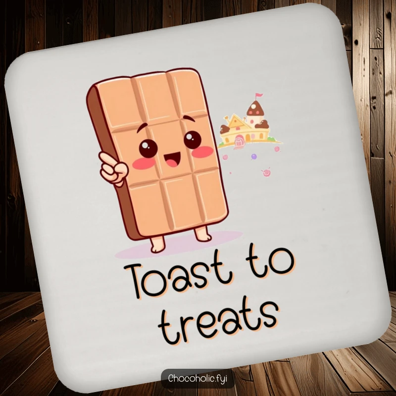 Funny Drink Coasters: Kawaii chocolate bar character points towards candy land, protecting surfaces with sweet dreams.