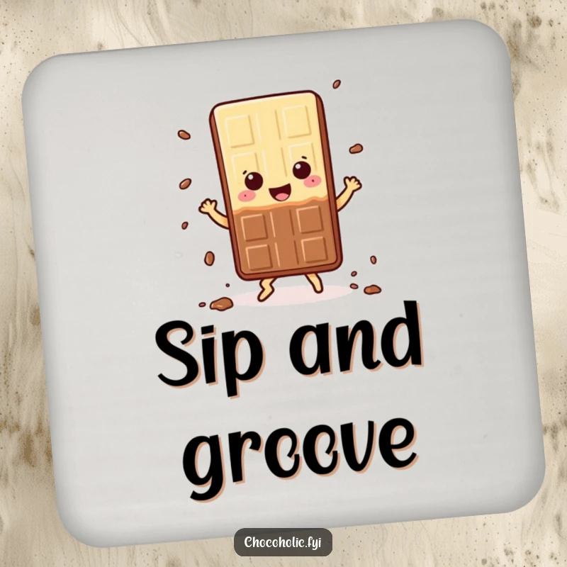 Funny Coaster: Kawaii chocolate bar character dancing happily, shedding crumbs, protecting surfaces with a humorous and charming design, a great gift.