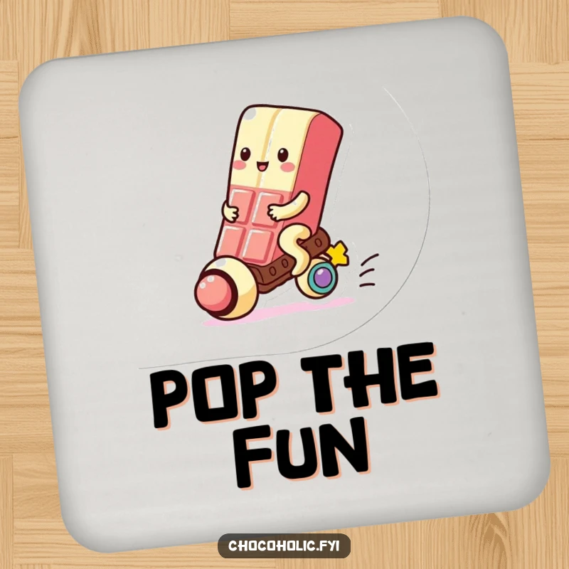 Funny Drink Coasters: Kawaii chocolate bar character happily rides a gumball, protecting surfaces with sweet humor.