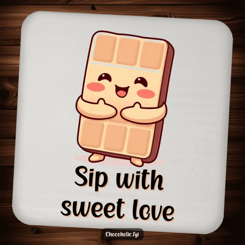 Funny Kawaii chocolate bar embracing itself in a happy hug, a humorous and protective drink coaster.