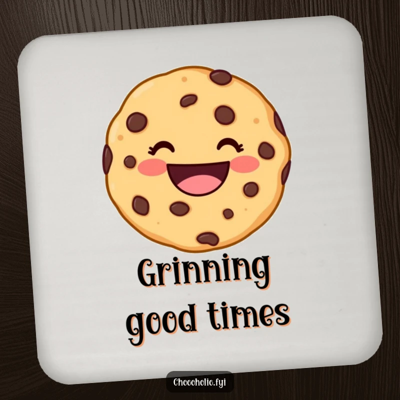 Funny kawaii chocolate chip cookie character with a wide, delighted grin on a drink coaster, adding charm to any table.