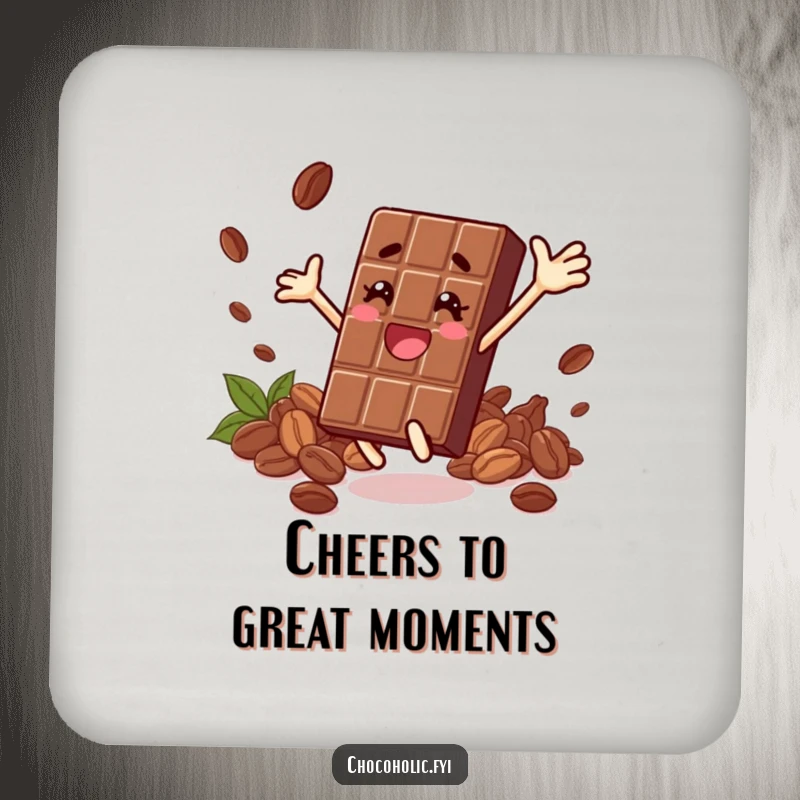 Funny coaster showcasing a chocolate bar character leaping joyfully, surrounded by cocoa beans, adding sweet protection.