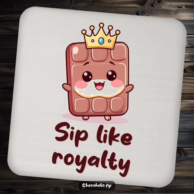 Funny Drink Coasters: A proud kawaii chocolate bar character wears a tiny crown. Perfect for protecting surfaces with cute and funny designs.