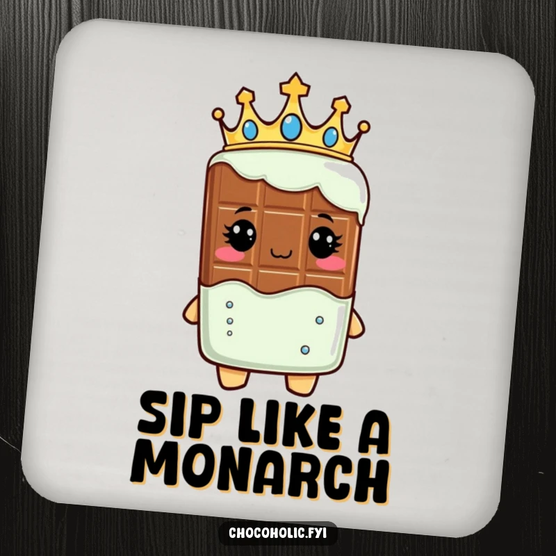 Funny coaster showcasing a chocolate bar character wearing a crown, looking regal, adding sweet, royal protection.