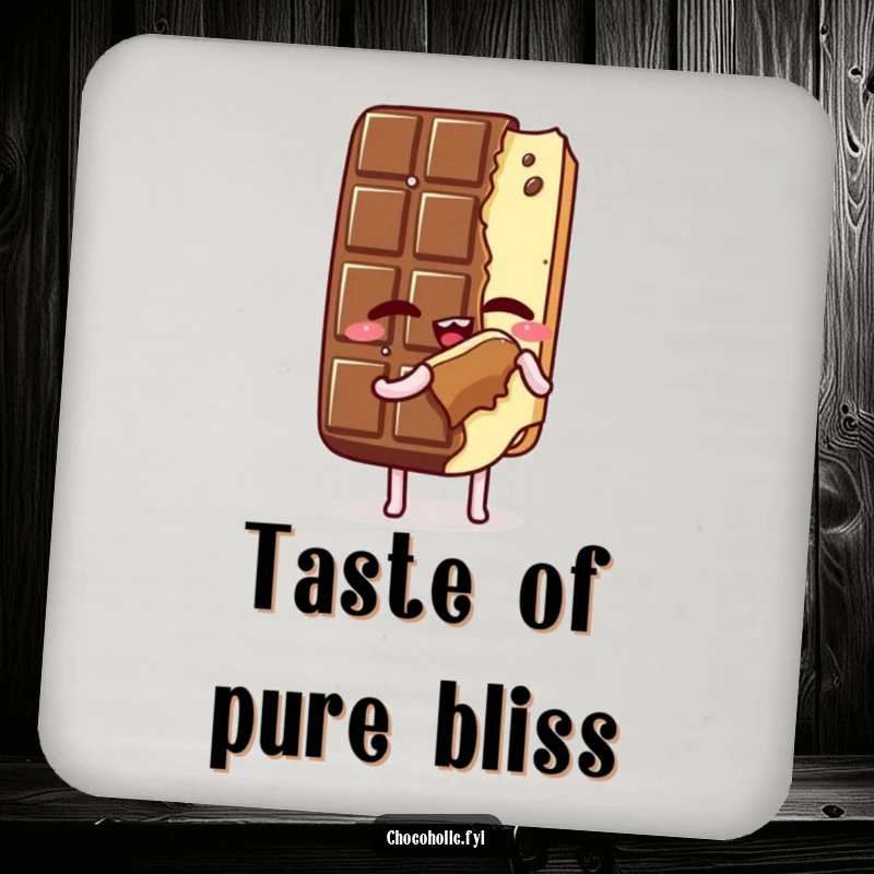 Funny Coaster: Kawaii chocolate bar character savoring a bite of itself, eyes closed, protecting surfaces with a humorous and sweet design, a great gift.