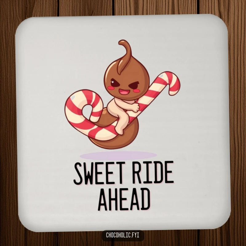 Funny chocolate truffle drink coaster character with a mischievous smirk, attempting to ride a giant candy cane, for stylish protection.