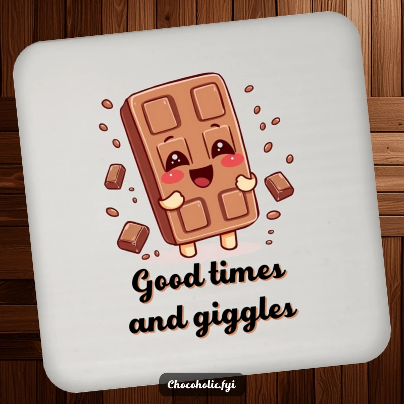 Funny coaster showcasing a chocolate bar character giggling, with tiny chocolate sprinkles falling around it, adding sweet protection.