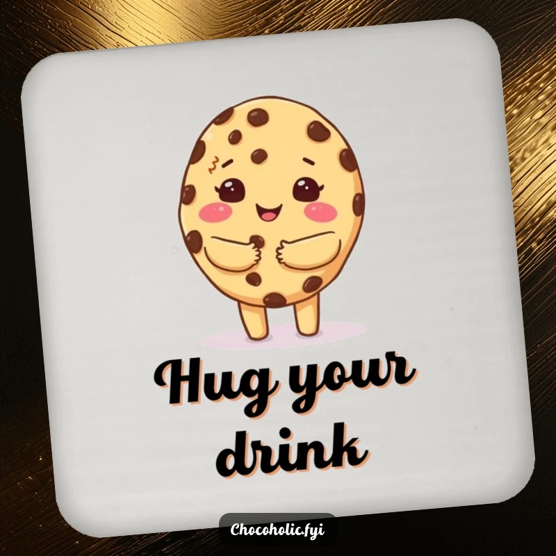 Funny coaster with a kawaii chocolate chip cookie character giving a warm, fuzzy hug, spreading comfort on tabletops.