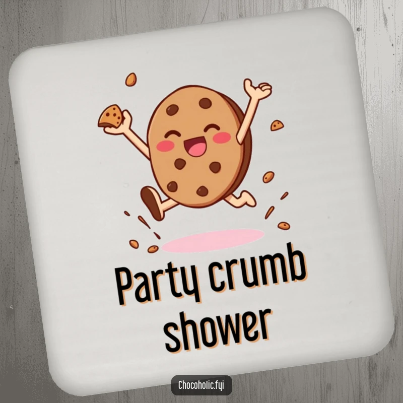 Funny coaster with a kawaii chocolate cookie character joyfully leaping and throwing crumbs, adding cute charm to drinks.