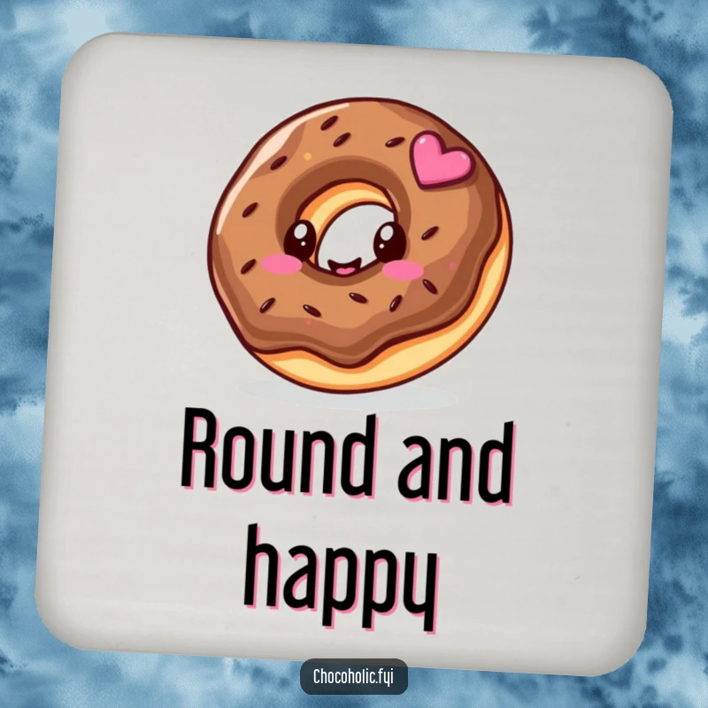 Funny coaster with a kawaii chocolate donut character and a happy swirl, protecting surfaces with sweet style.
