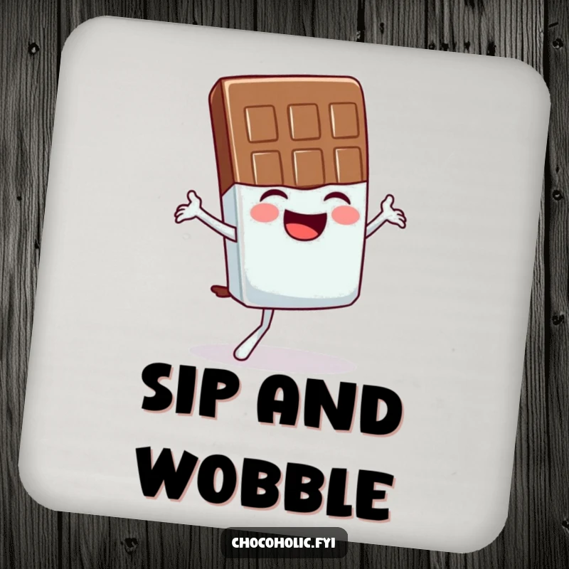 Funny drink coaster with a chocolate bar character giggling in a precarious wobbly yoga pose, designed for table protection and humor.