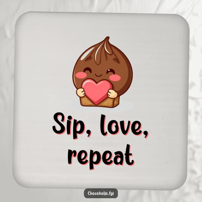 Funny shy chocolate truffle drink coaster offering a heart-shaped piece, protecting surfaces with sweet charm.