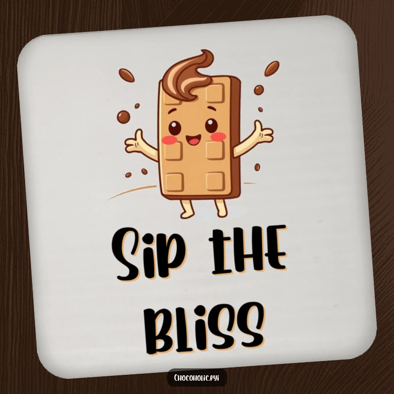 Funny Drink Coasters: Kawaii chocolate bar character embraces a swirling cocoa cloud, protecting surfaces with sweet comfort.
