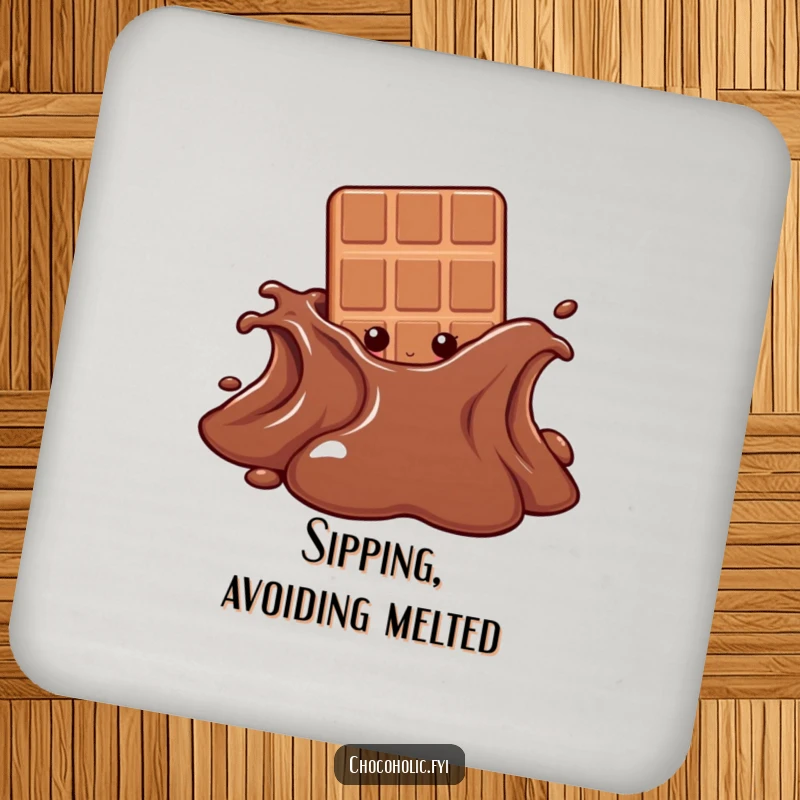 Funny drink coaster featuring a chocolate bar character peeking from behind a melting chocolate puddle, symbolizing sweet secrets and playful temptation.