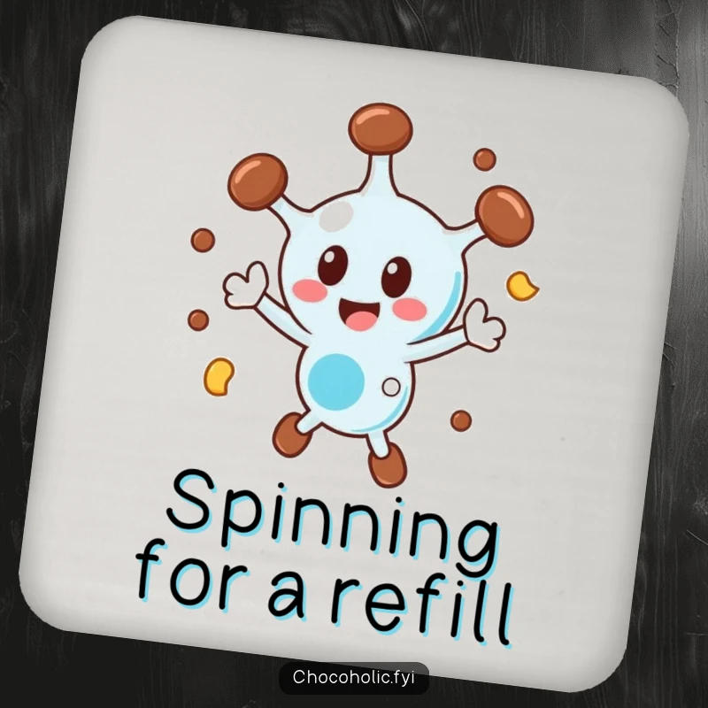 Funny chocolate molecule drink coaster featuring a character spinning ecstatically, adding energy to your table.