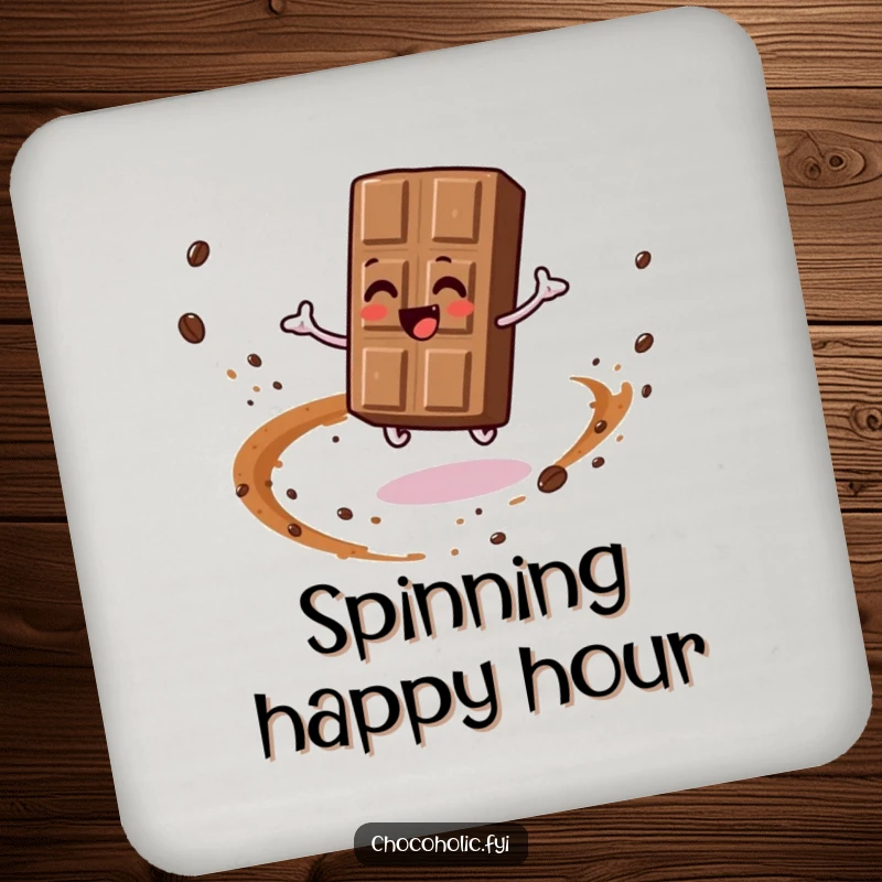Funny drink coaster featuring a chocolate bar character in a joyful spin, leaving a trail of cocoa dust. Protects surfaces with fun.