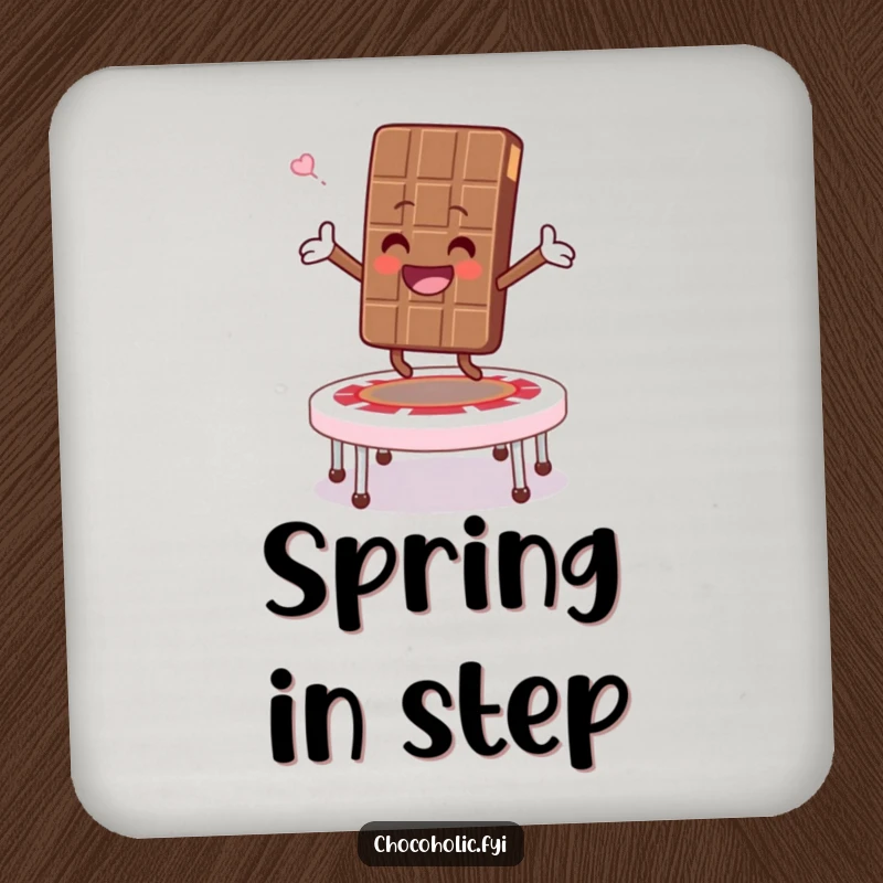 Funny drink coaster with a chocolate bar character joyfully bouncing on a marshmallow trampoline, arms outstretched, bringing playful vibes.