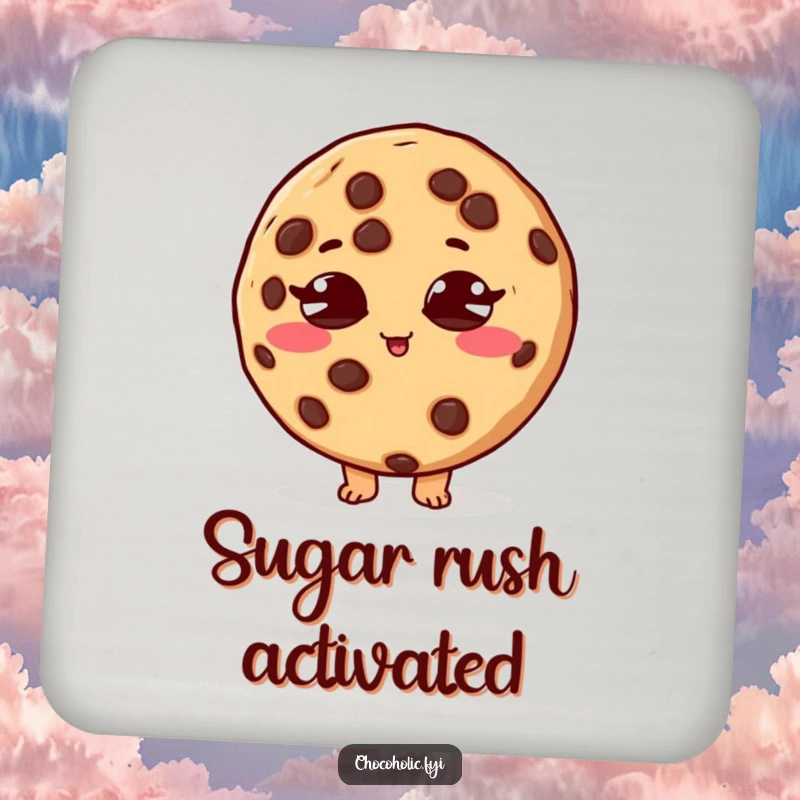 Funny drink coaster with a chocolate chip cookie character, eyes crossed, in a sugar rush, for table protection.
