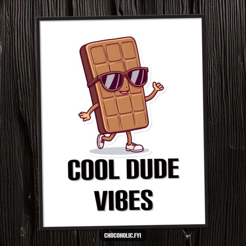 Funny poster of a cool chocolate bar character in sunglasses doing a confident strut, radiating effortless style.