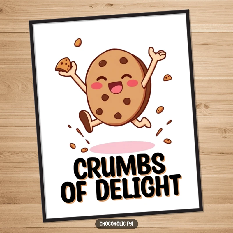 Funny poster displaying a kawaii chocolate cookie character in a joyful leap, scattering crumbs, a burst of delicious happiness.