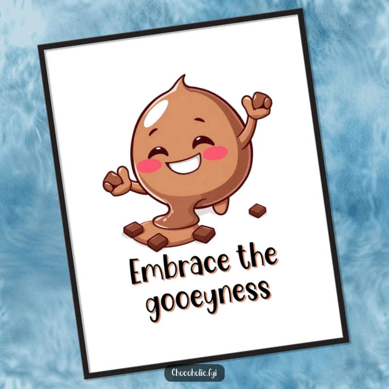 Funny melting chocolate blob poster with a silly grin reaching for more chocolate, adding a sweet touch.