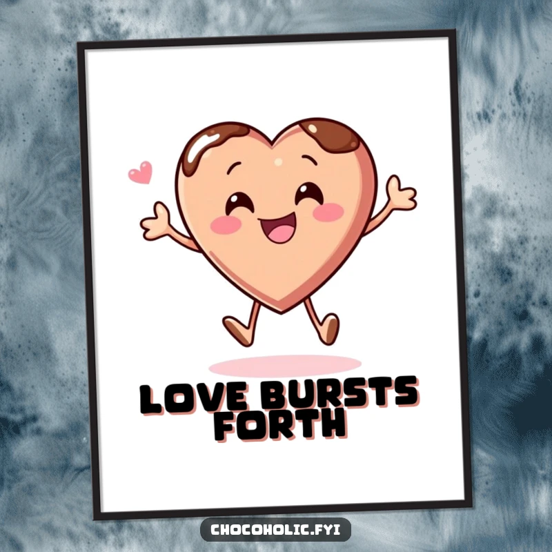 Funny poster featuring a chocolate heart character bouncing with glee, perfect for adding a joyful touch.
