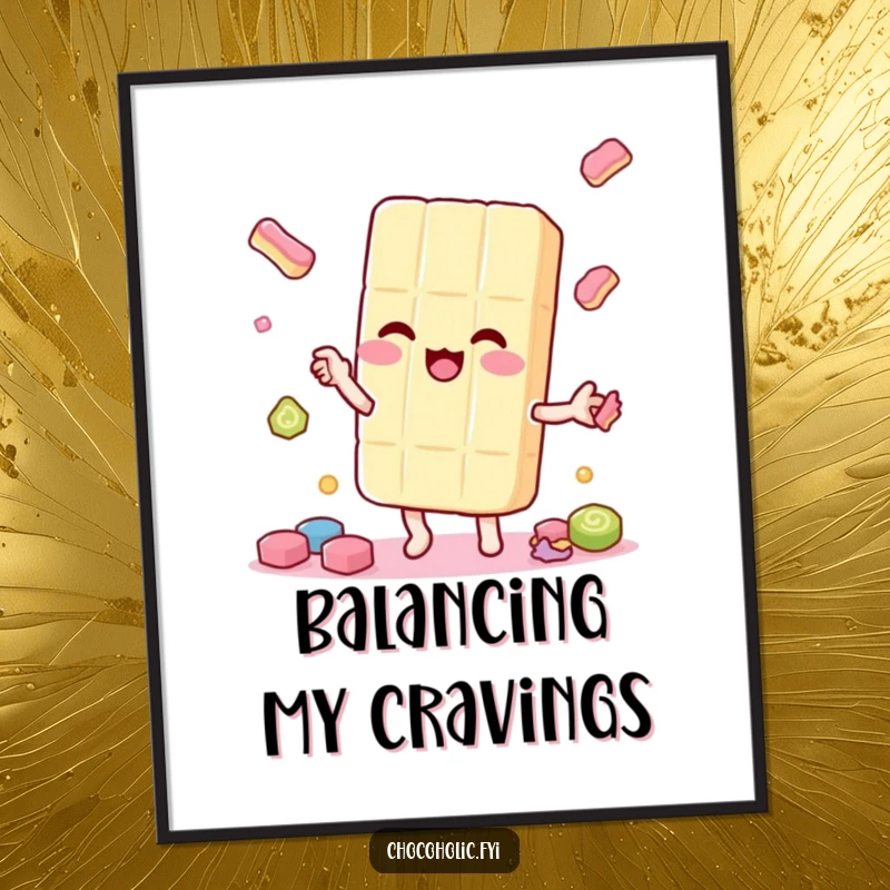 Funny kawaii candy bar character, juggling smaller candies playfully, depicted as a humorous wall art poster, full of charm.