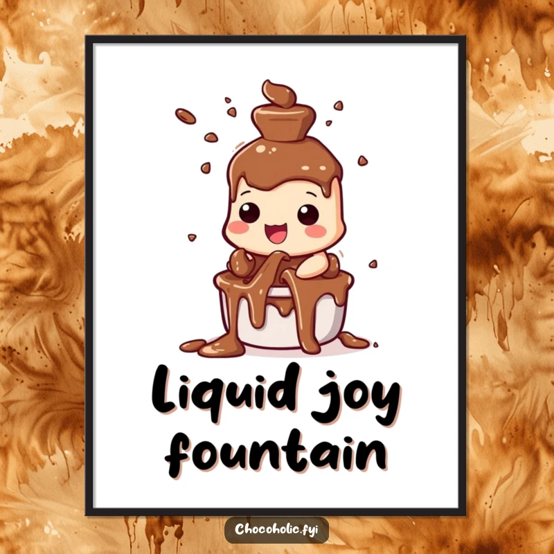 Funny chocolate fountain poster art depicting a character exuberantly spraying streams of chocolate, spreading joy.
