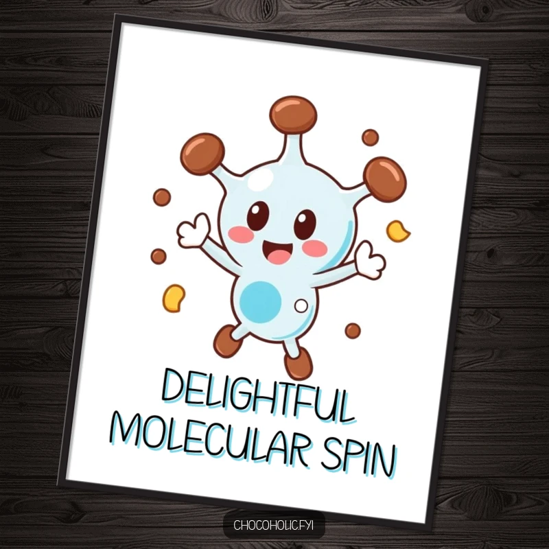 Funny chocolate molecule poster art of a character spinning ecstatically, symbolizing joy and scientific wonder.