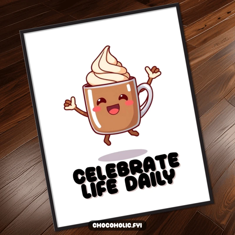 Funny chocolate mug poster with a cream swirl character doing a celebratory jump, adding a festive atmosphere.