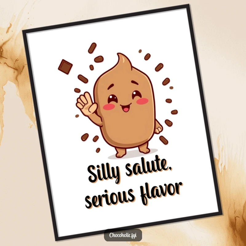 Funny cocoa powder poster art of a character giving a silly salute, adding humor and charm to decor.